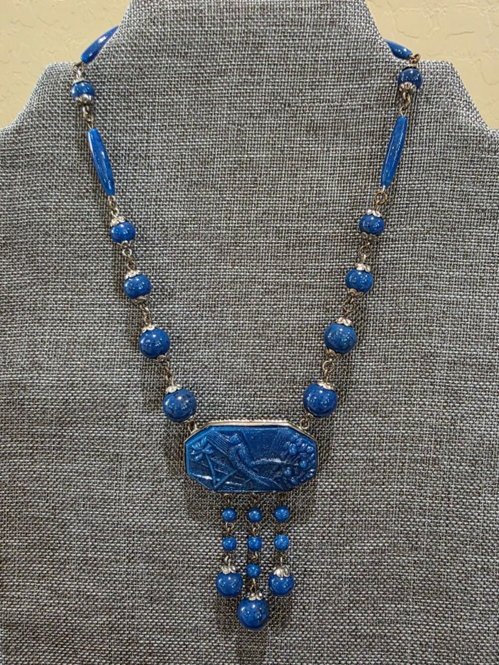 Vintage ART DECO Czech Blue Lapis Exotic Glass Bird Pendant Necklace 14" Bohemia - Picture 5 of 13